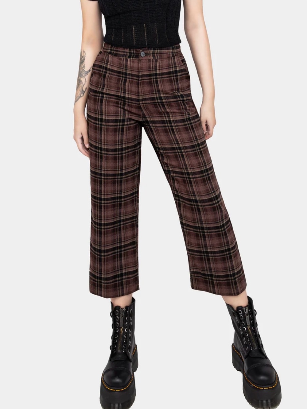Disturbia Hickory Check Straight Leg Trousers Plaid Wide-Leg Crop Pants Size 12